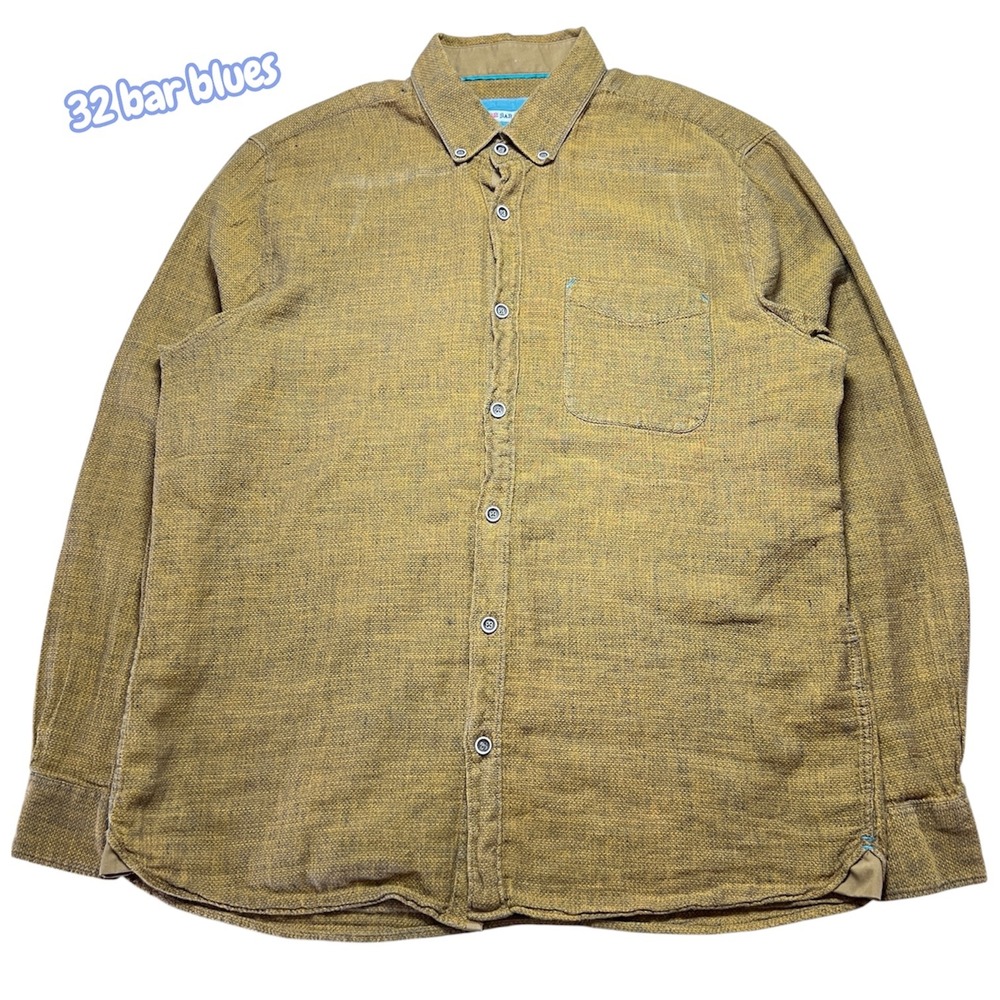 32 Bar Blues Mens Large Mustard Yellow Linen Cotton Blend Button Down Shirt L